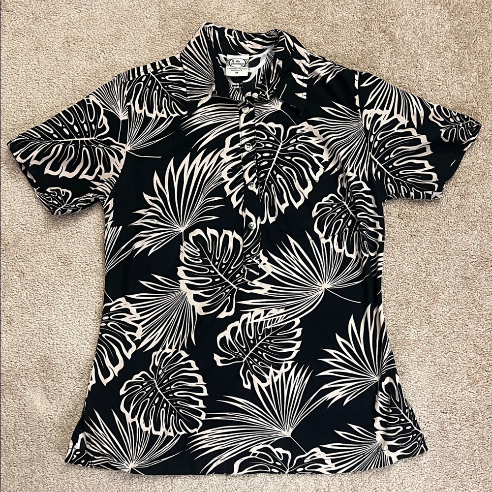 Go Barefoot Black and White Leaf Print Aloha Hawaiian Shirt Casual Shirt medium